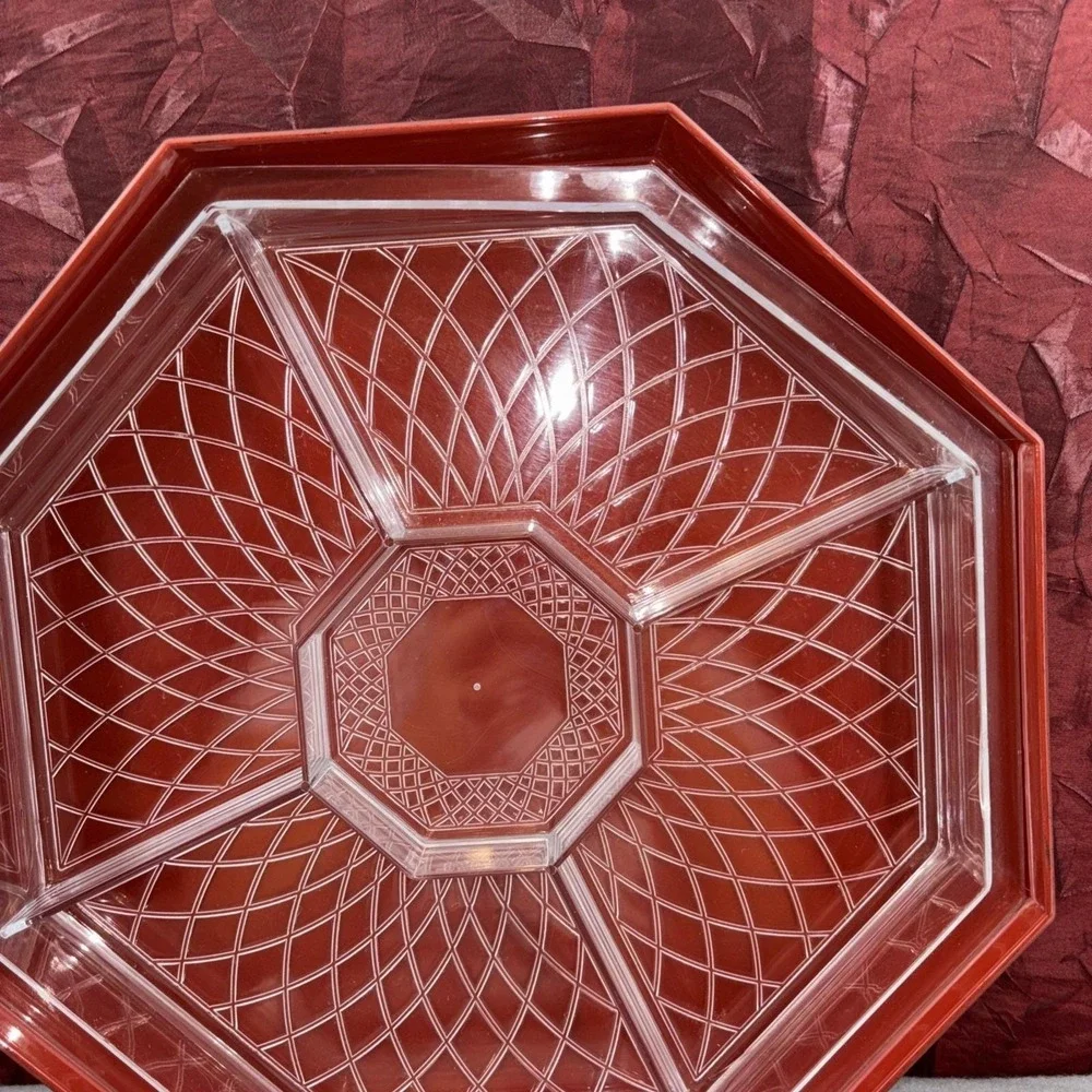 Vintage Octagon Plastic‎ Snack And Nut Container With Divided Insert Black & Red